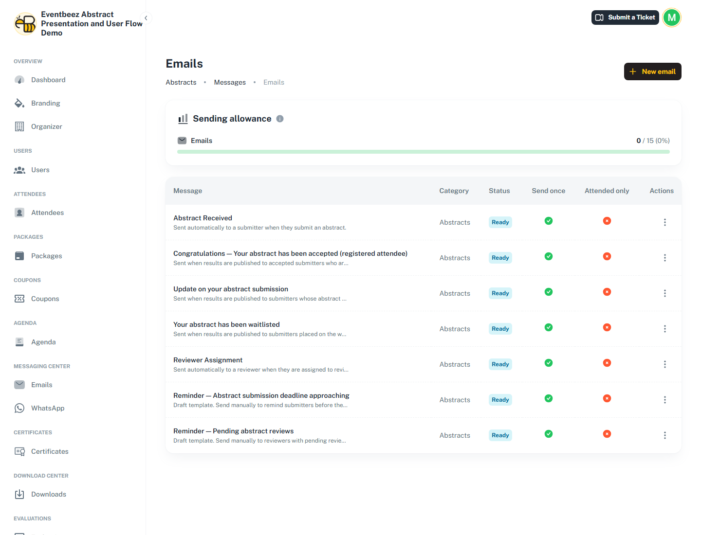 The abstract Emails page, listing every automatic and reminder email.