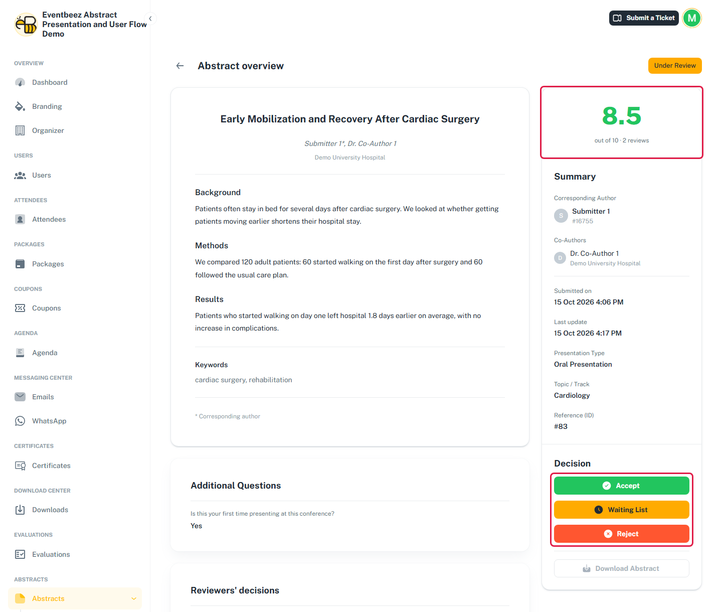 The Abstract overview page, with the Score card and the Accept, Waiting List and Reject buttons highlighted.