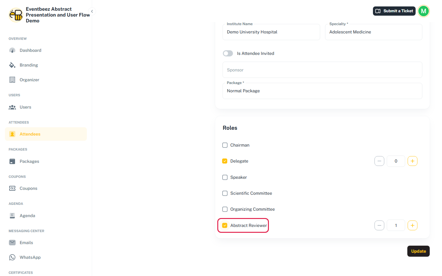 An attendee's edit page in the admin dashboard, with Abstract Reviewer selected in the Roles field highlighted.