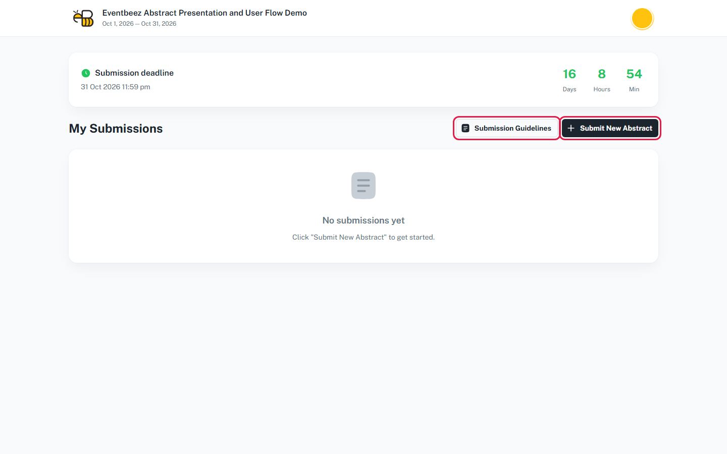 The My Submissions page, with the Submit New Abstract and Submission Guidelines buttons highlighted.