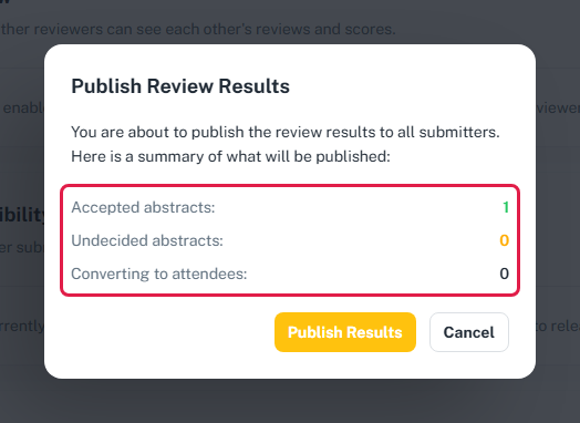 The Publish Review Results dialog, with the accepted, undecided and converting-to-attendees counts highlighted.