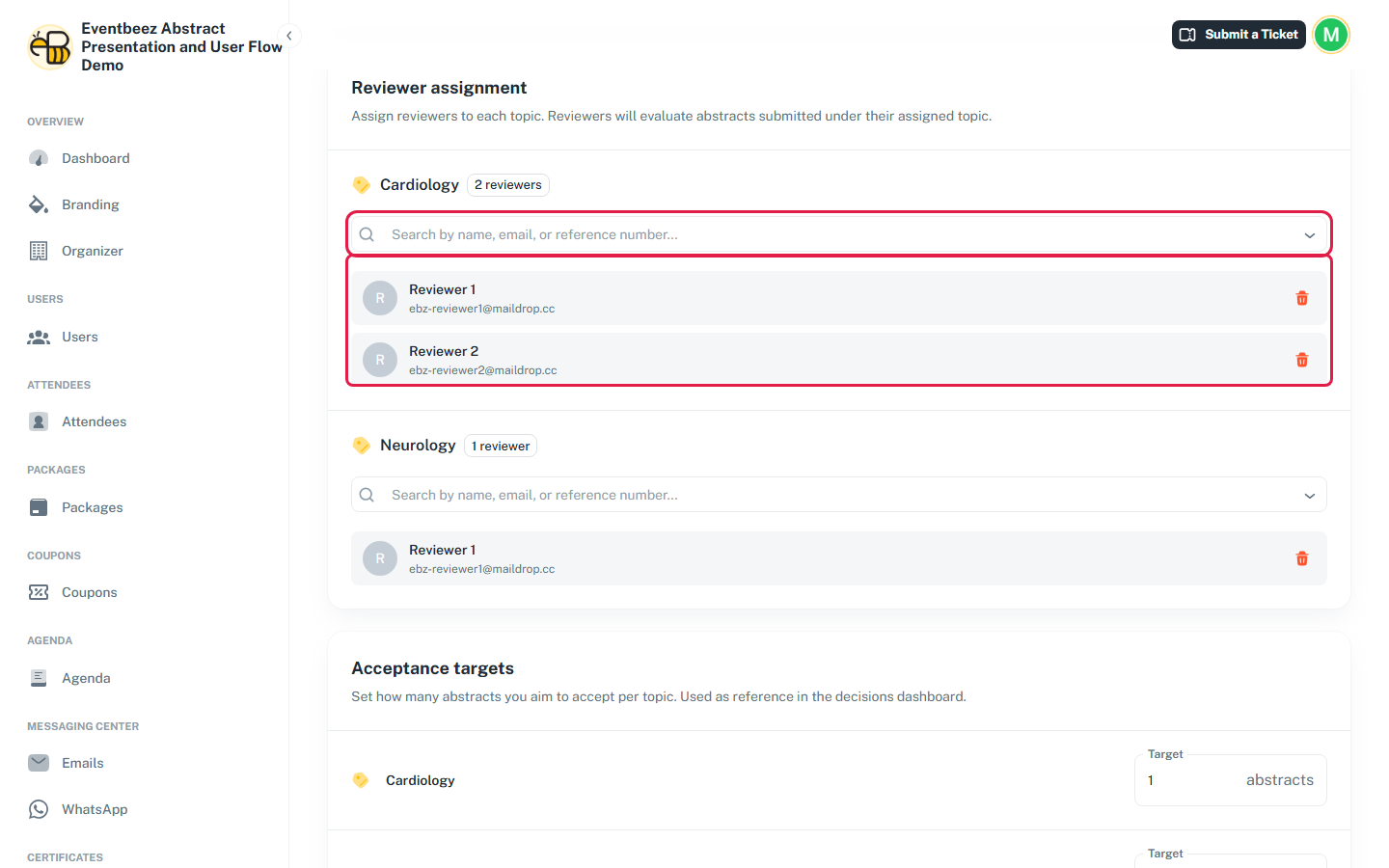 The Reviewer assignment card in Review settings, with a topic's reviewer search box and its list of assigned reviewers highlighted.