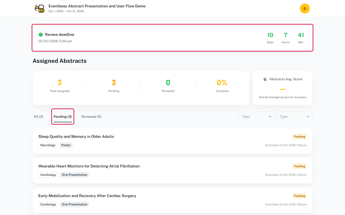 The reviewer's Assigned Abstracts page, with the Pending tab and the deadline card highlighted.