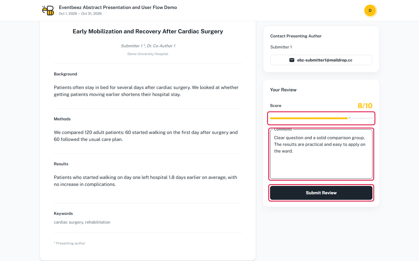 The Review Abstract page, with the Score slider, the Comments box and the Submit Review button highlighted.