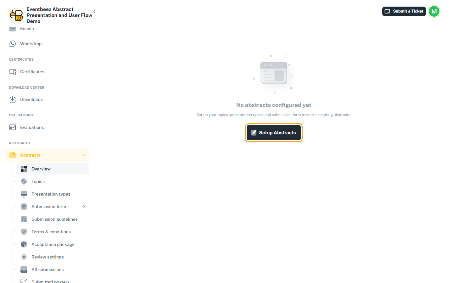 The Abstracts empty state in the admin dashboard, with the Setup Abstracts button highlighted.