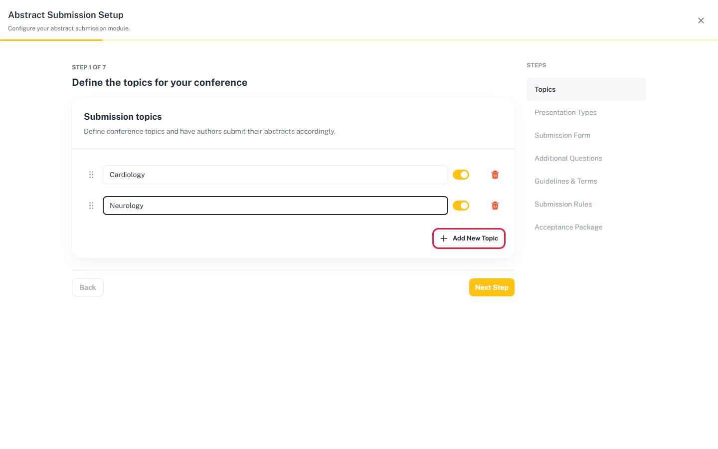 Wizard step 1, with two topics added and the Add New Topic button highlighted.