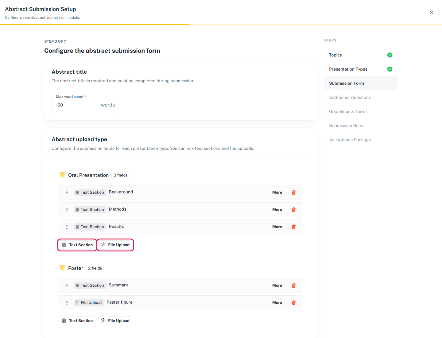 Wizard step 3, with the Text Section and File Upload buttons of a presentation type highlighted.