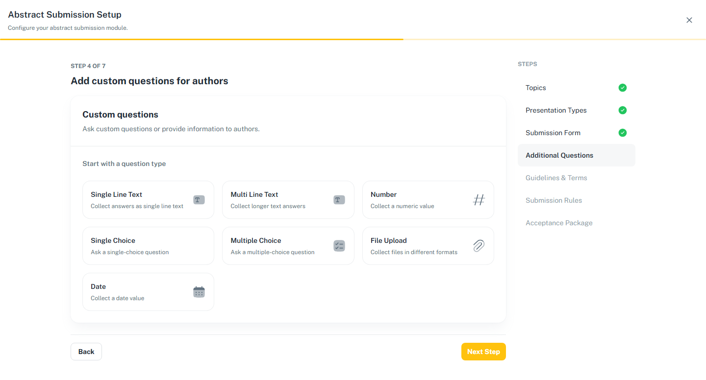 Wizard step 4, showing the question types you can add.