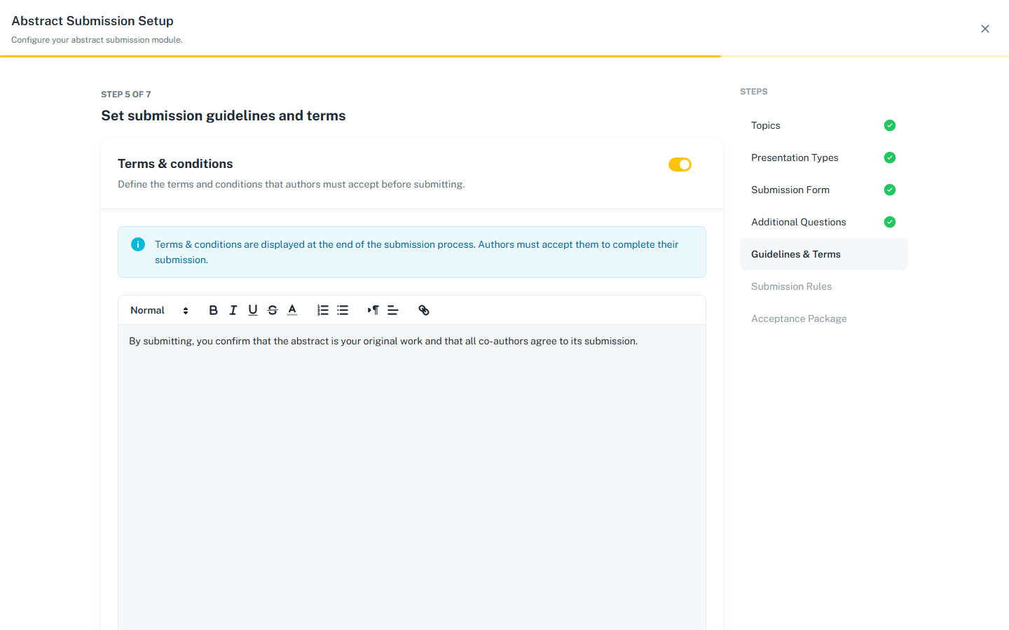 Wizard step 5, with Terms & conditions turned on and the terms text filled in.
