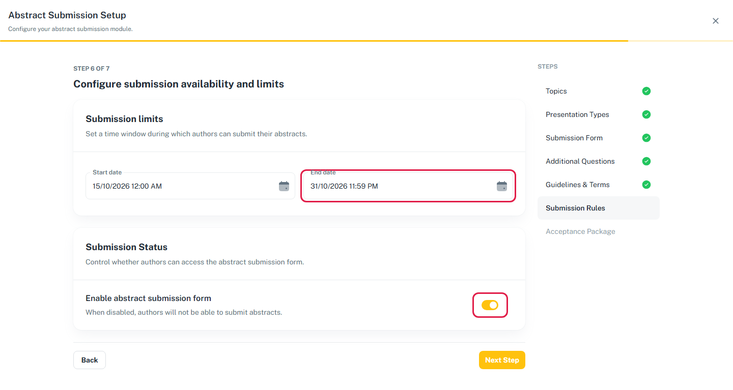Wizard step 6, with the End date and the Enable abstract submission form switch highlighted.
