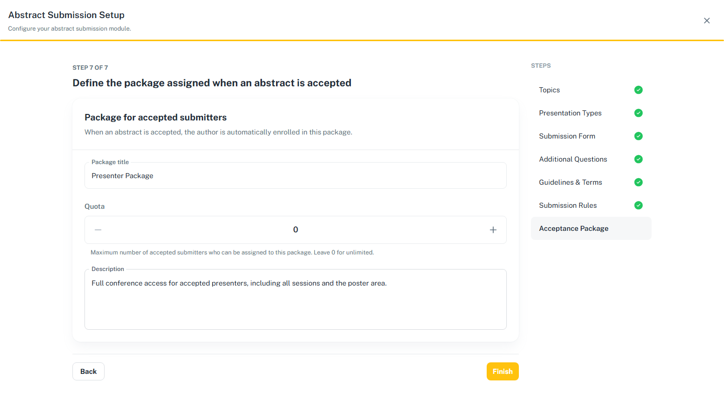 Wizard step 7, with the package title, quota and description filled in.