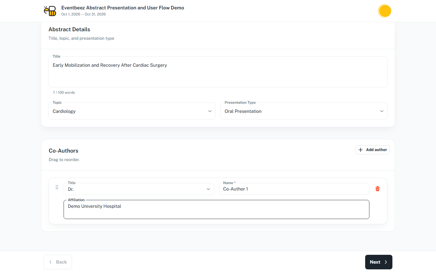 Step 1 of the abstract form, with the title, topic, presentation type and one co-author filled in.