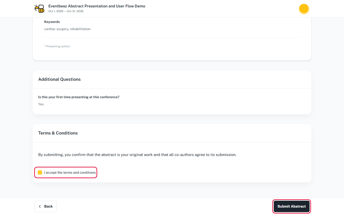 The Review & Submit step, with the terms and conditions checkbox and the Submit Abstract button highlighted.