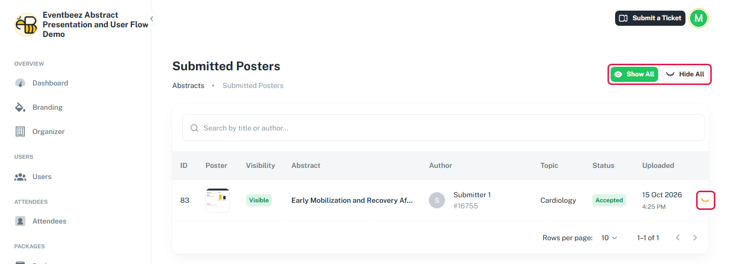 The Submitted posters page, with the Show All and Hide All buttons and a row's visibility icon highlighted.