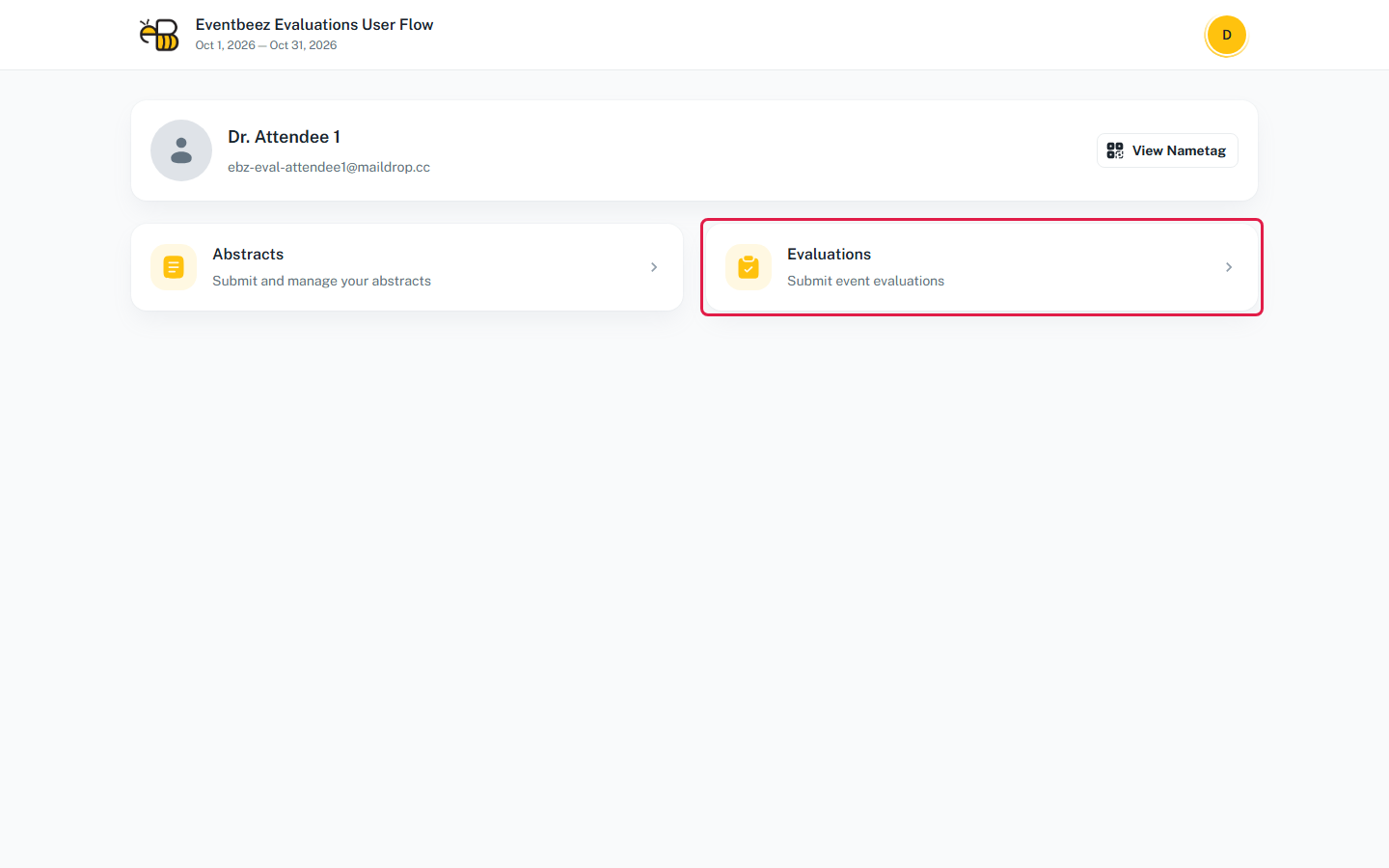 The attendee portal dashboard with the Evaluations card highlighted.