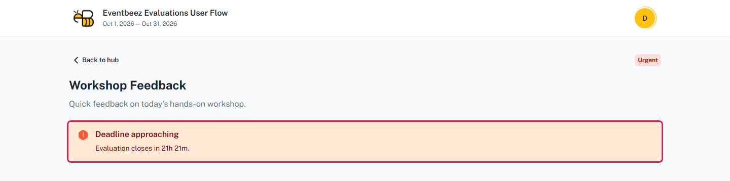 The Deadline approaching box at the top of an evaluation, showing it closes in 21 hours and 21 minutes.