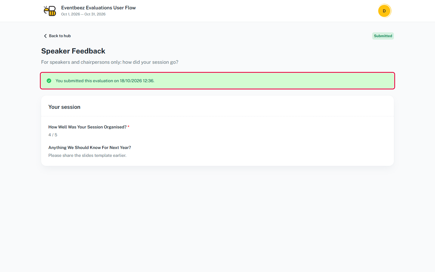 The answers page of an evaluation that doesn't allow resubmission, showing only the submitted date and no Edit and resubmit button.