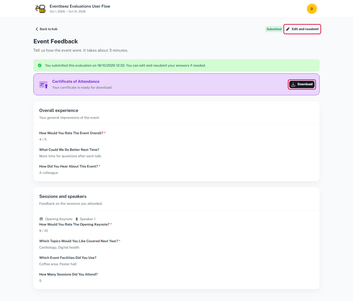 The answers page of a submitted evaluation, with the Edit and resubmit and Download buttons highlighted.