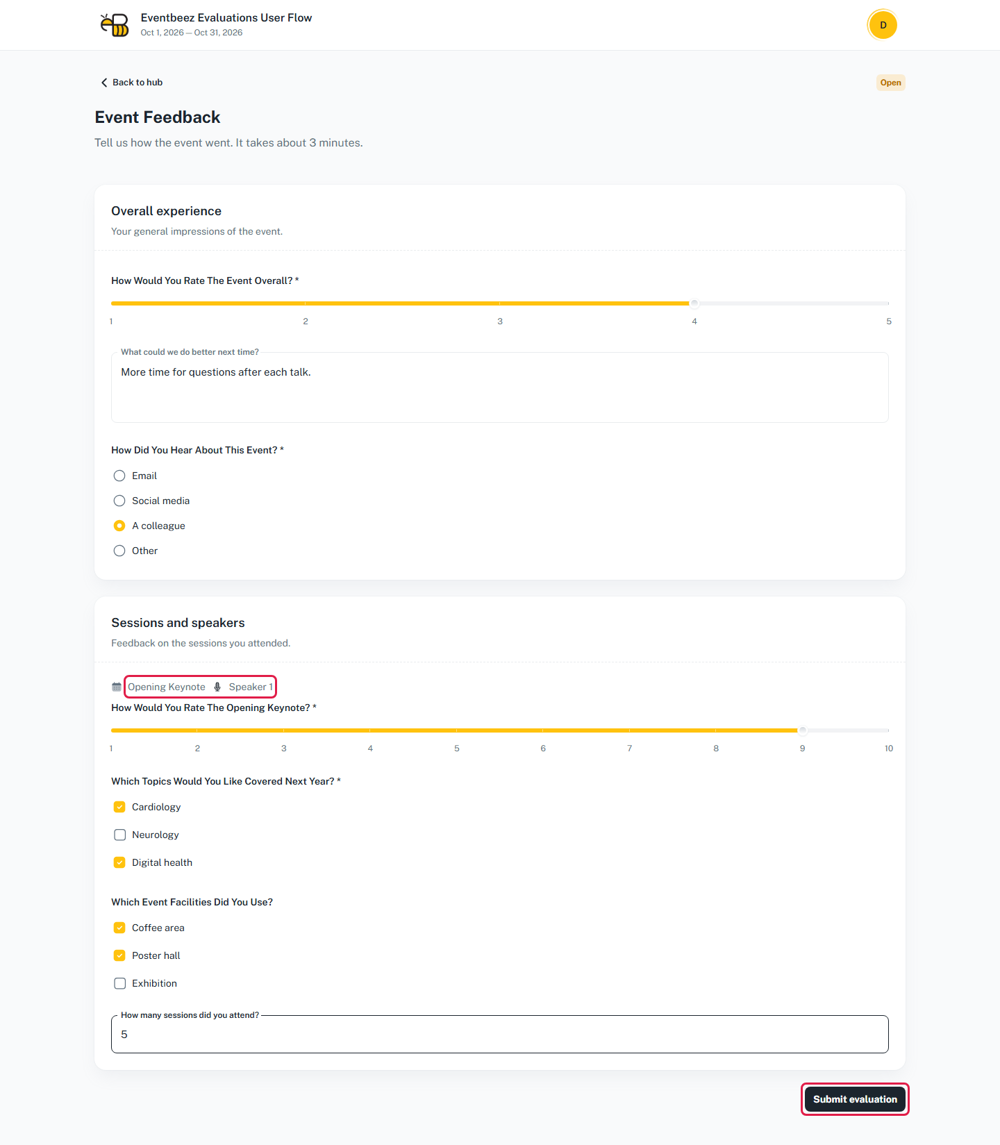 A filled-in evaluation form, with the linked session and speaker names and the Submit evaluation button highlighted.