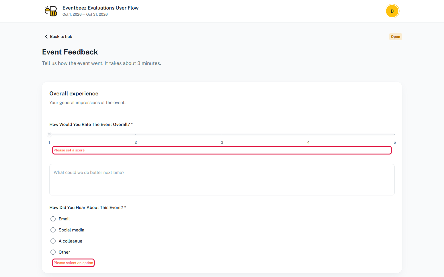 The evaluation form after submitting it empty, with the Please set a score and Please select an option messages highlighted.