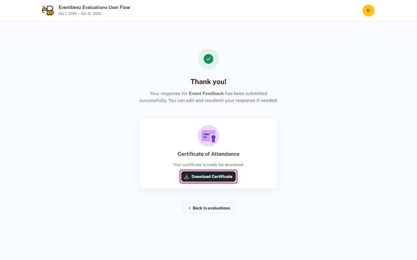 The Thank you! page after submitting an evaluation, with the Download Certificate button highlighted.