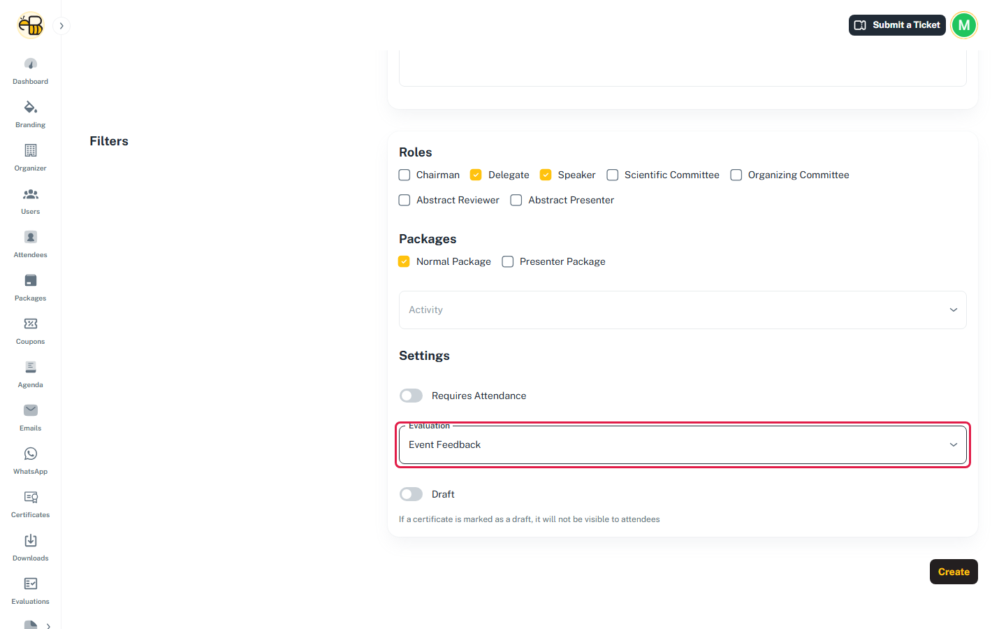 The certificate form's Filters and Settings, with the Evaluation field set to Event Feedback and highlighted.