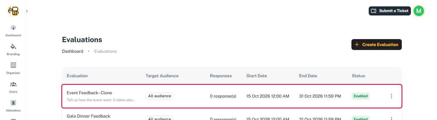 The Evaluations list with the new Event Feedback - Clone row highlighted at the top.