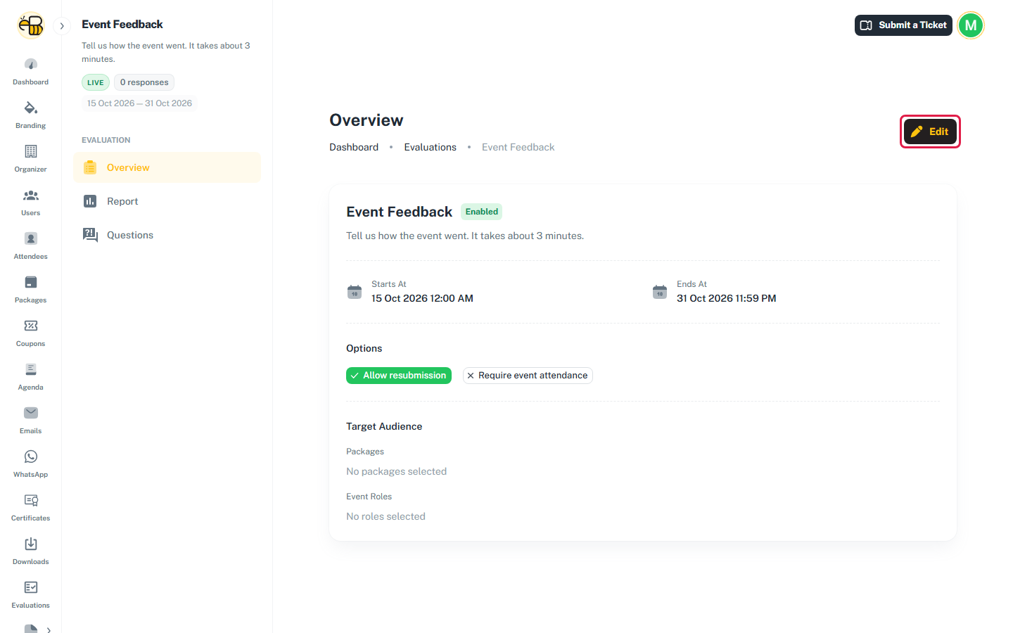 The Overview page of an evaluation, with the Edit button highlighted.