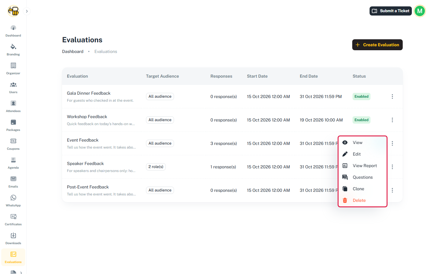 The Evaluations list with several evaluations and the actions menu (View, Edit, View Report, Questions, Clone, Delete) highlighted.