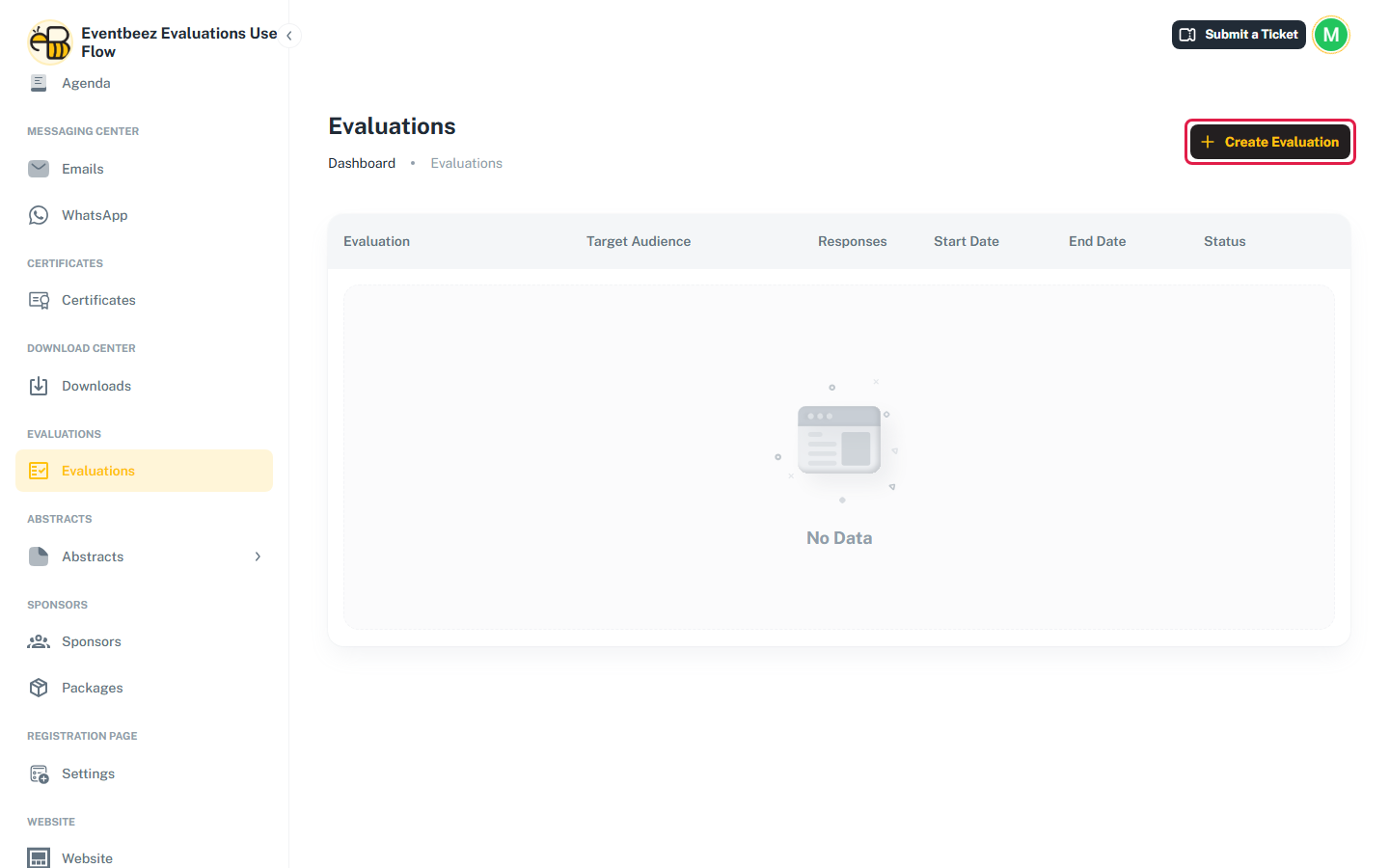 The Evaluations page with no evaluations yet, and the Create Evaluation button highlighted.