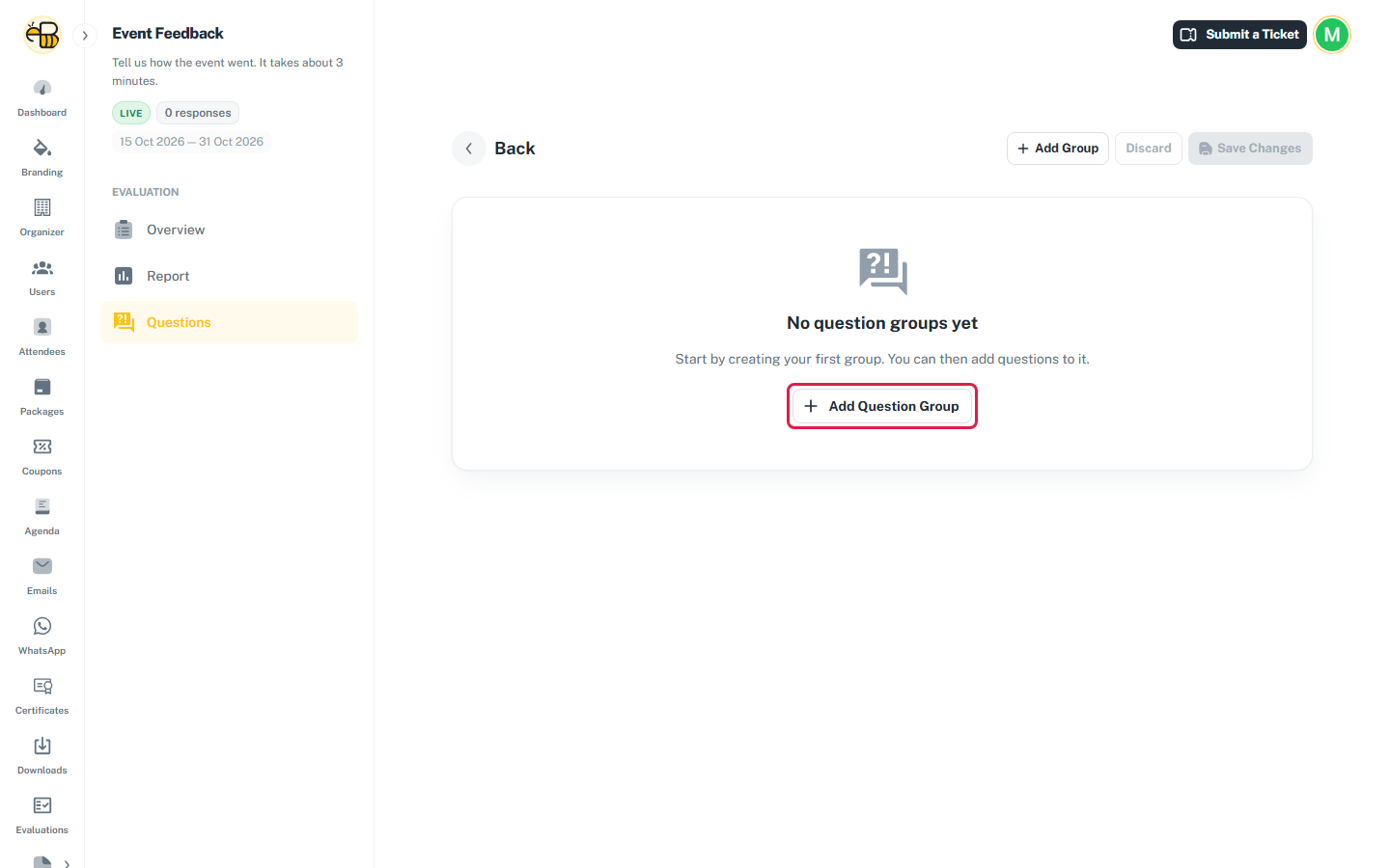 The Questions page of a new evaluation, with the Add Question Group button highlighted.