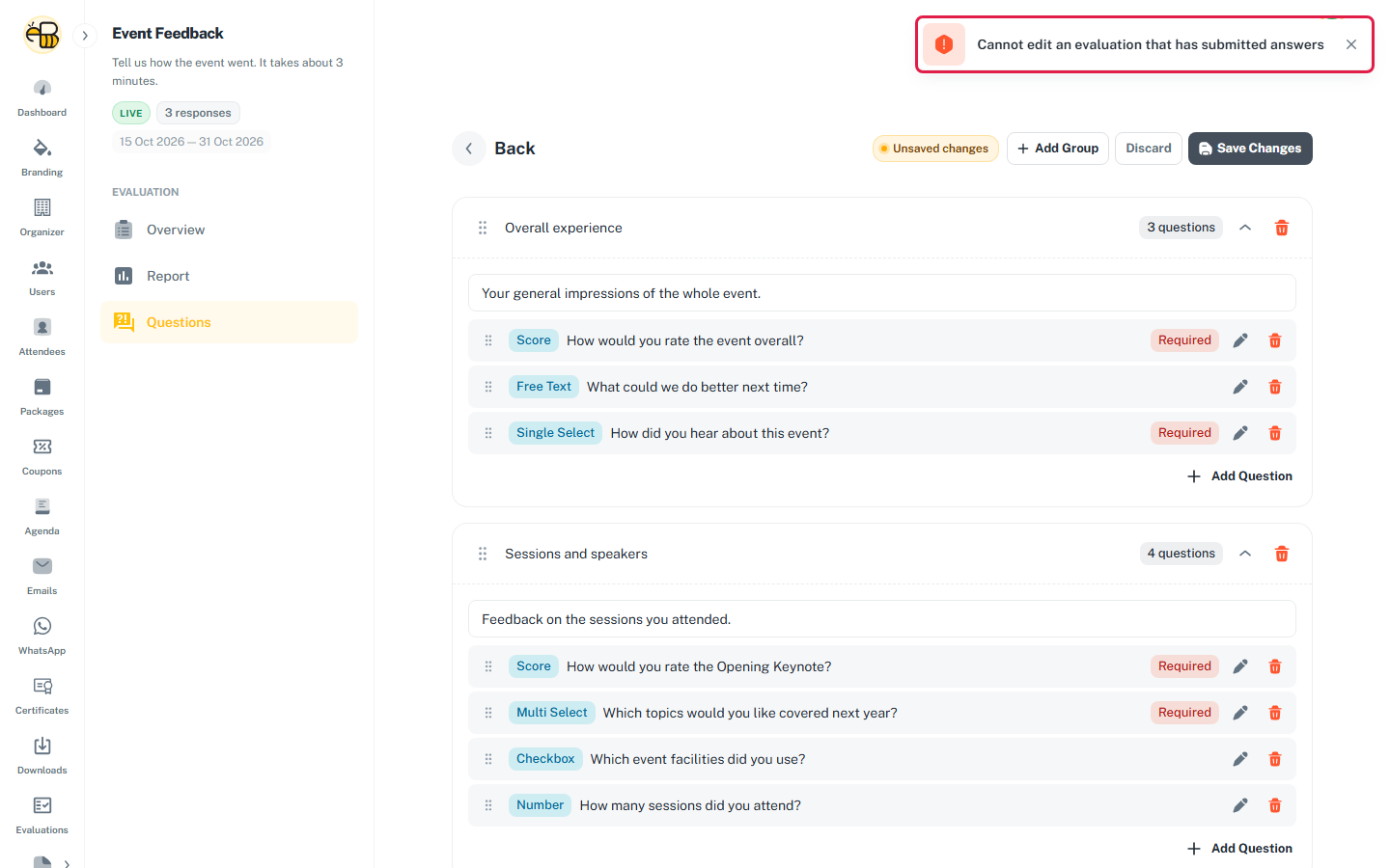 The Questions page with the error message Cannot edit an evaluation that has submitted answers highlighted.